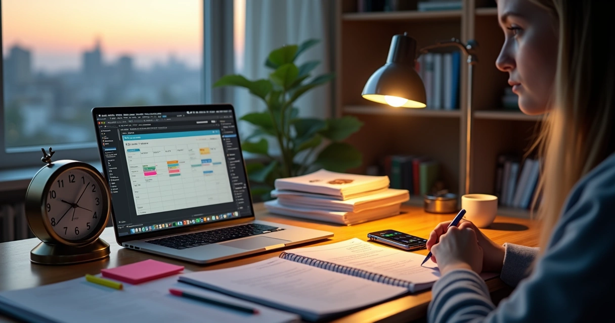 Estudante de pós-graduação organizando cronograma de estudos em mesa com notebook e relógio ao lado