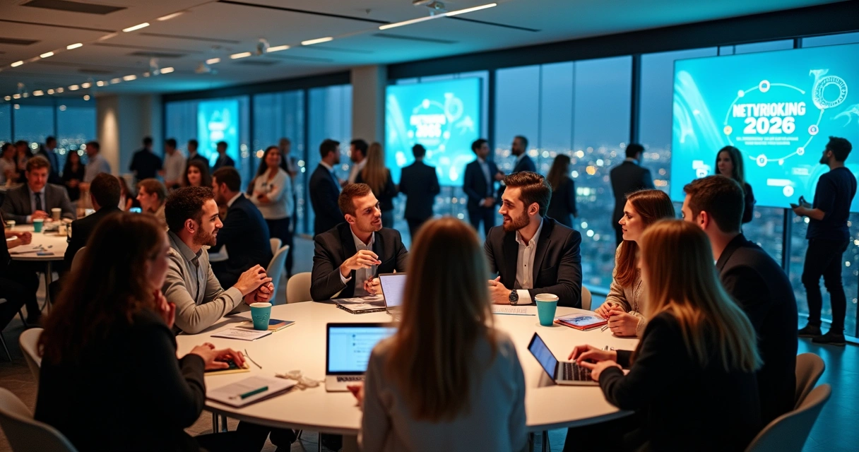 Profissionais de pós-graduação conectando-se em espaço moderno de networking