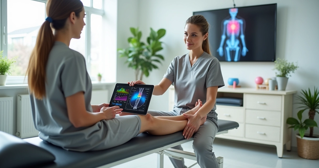 Fisioterapeuta avalia joelho de paciente em clínica de reabilitação moderna