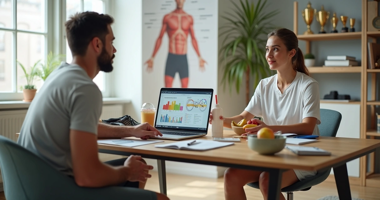 Nutricionista esportiva analisando plano alimentar com atleta em consultório moderno