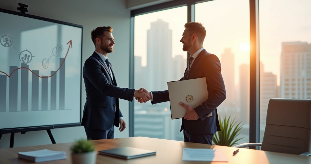 Profissional recebendo promoção segurando certificados de gestão ao lado de quadro com gráfico em alta