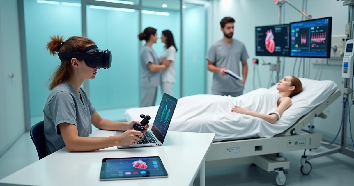 Profissional de saúde usando óculos de realidade virtual em laboratório moderno de simulação clínica