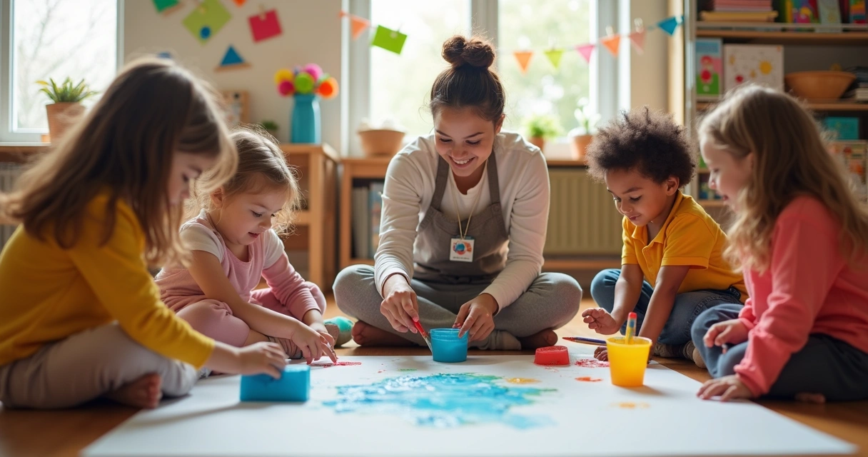 Educadora de educação infantil guia crianças pequenas em atividade de arte no chão da sala de aula