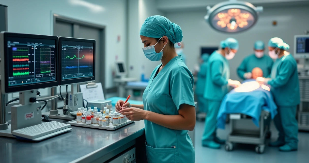 Enfermeira especializada em anestesiologia preparando medicações em centro cirúrgico