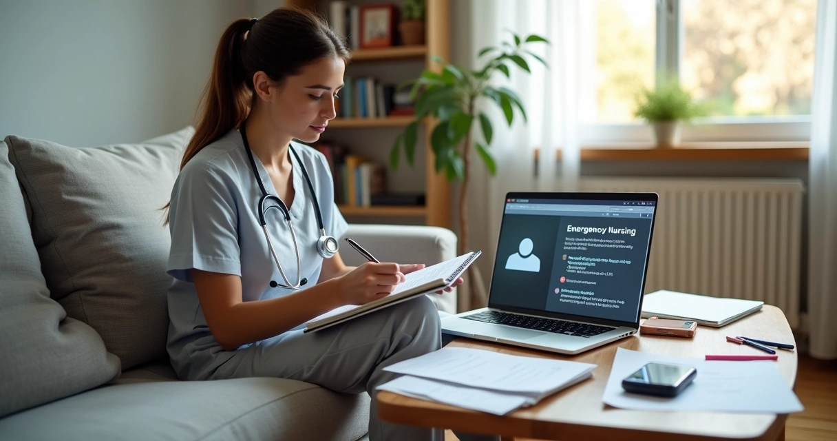 Enfermeira estudando curso de enfermagem online em notebook sentada no sofá