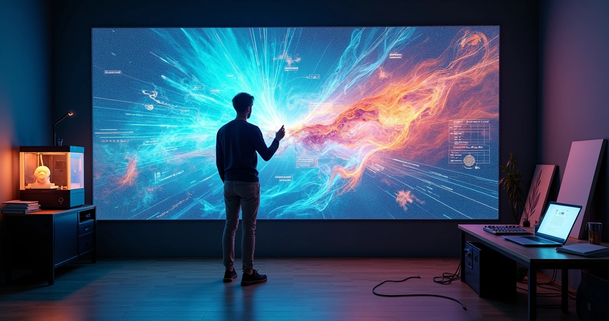 Artista em estúdio criando arte digital em grande painel interativo
