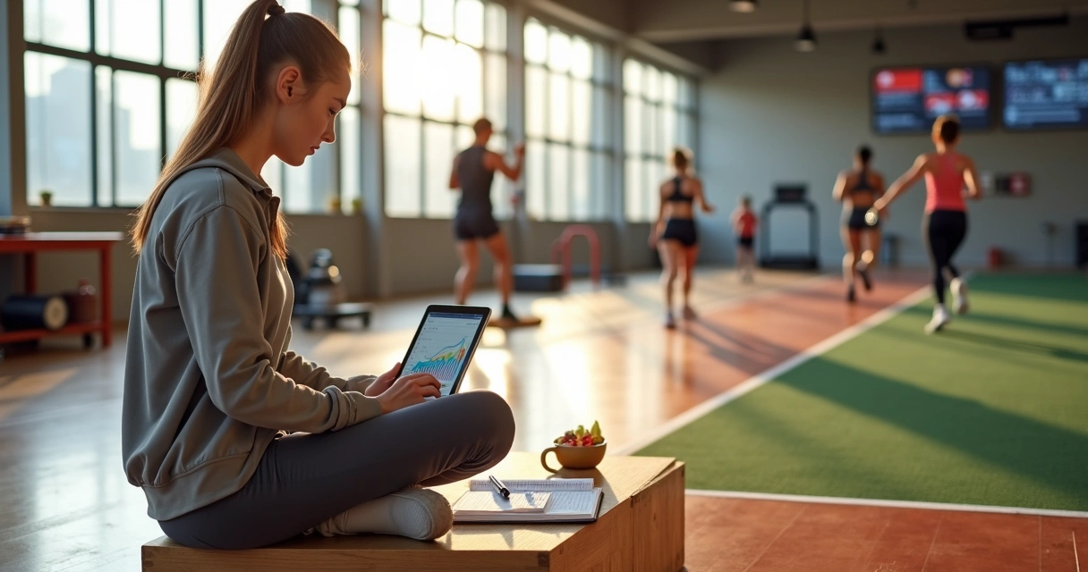 Nutricionista estudando em tablet observando treino funcional em academia moderna