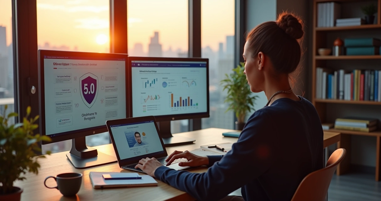 Profissional estudando pós-graduação EaD em ambiente moderno com plataforma online na tela