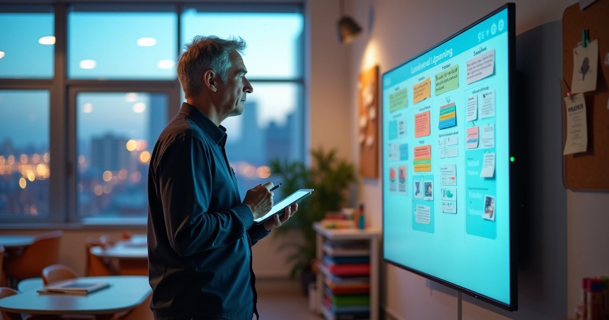 Professor adulto analisa mural digital com recursos pedagógicos em sala iluminada