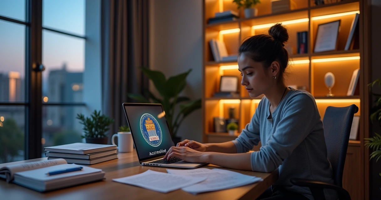 Profissional adulto estuda em casa diante de notebook com selo oficial na tela