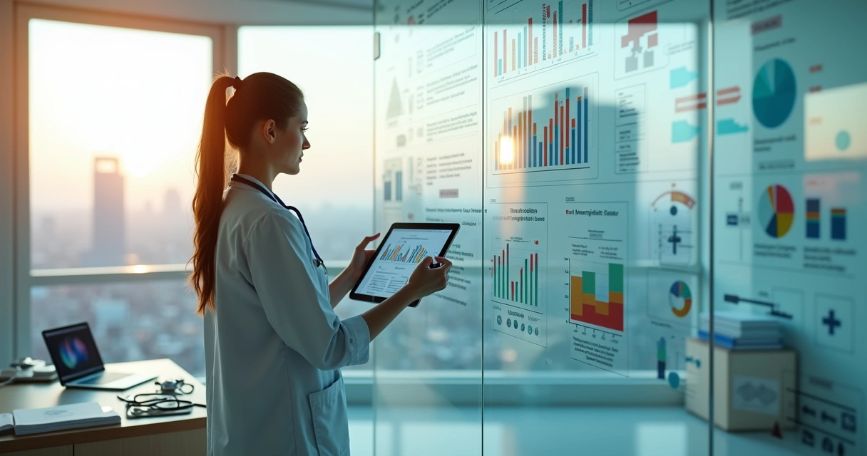 Profissional de saúde analisando painel de planejamento e gestão em ambiente calmo