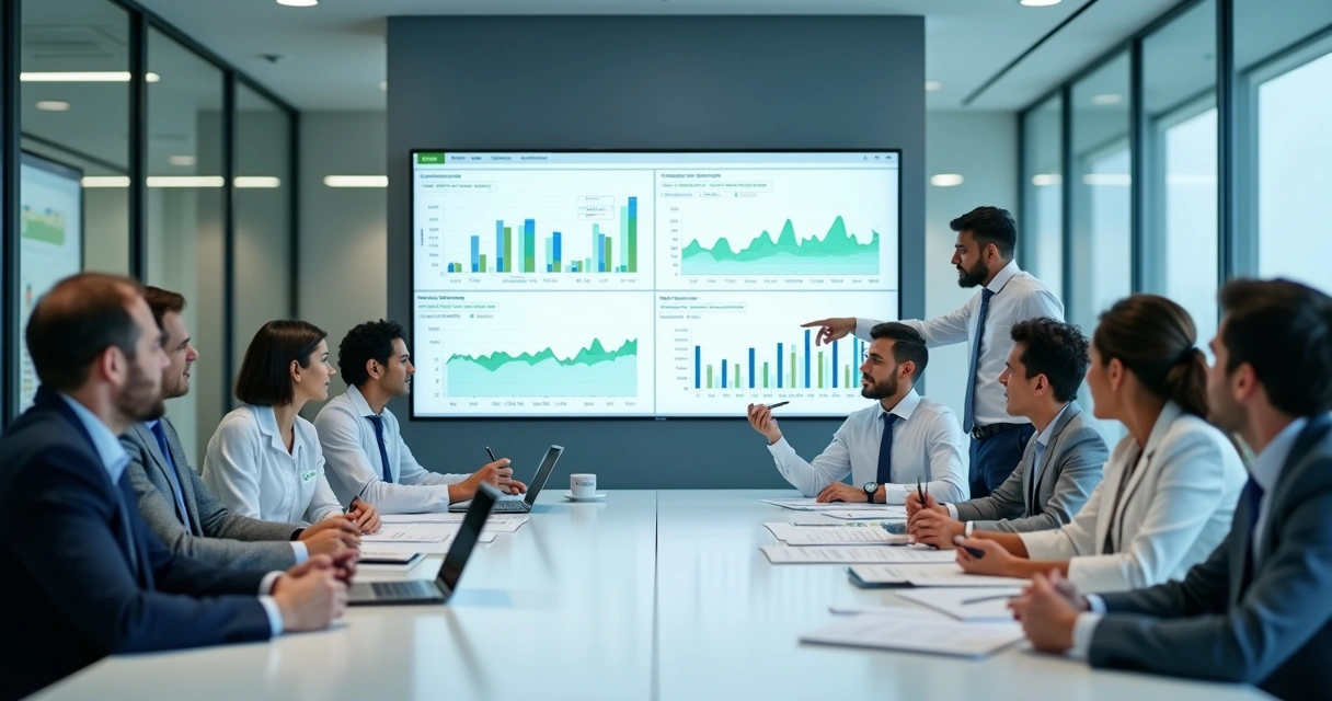 Equipe multidisciplinar avaliando painel de indicadores de gestão hospitalar