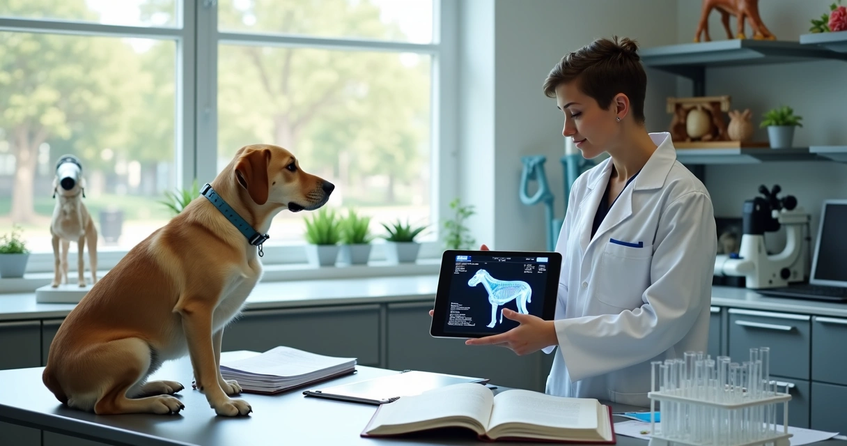 Veterinária em pós-graduação analisando exame de animal em laboratório moderno