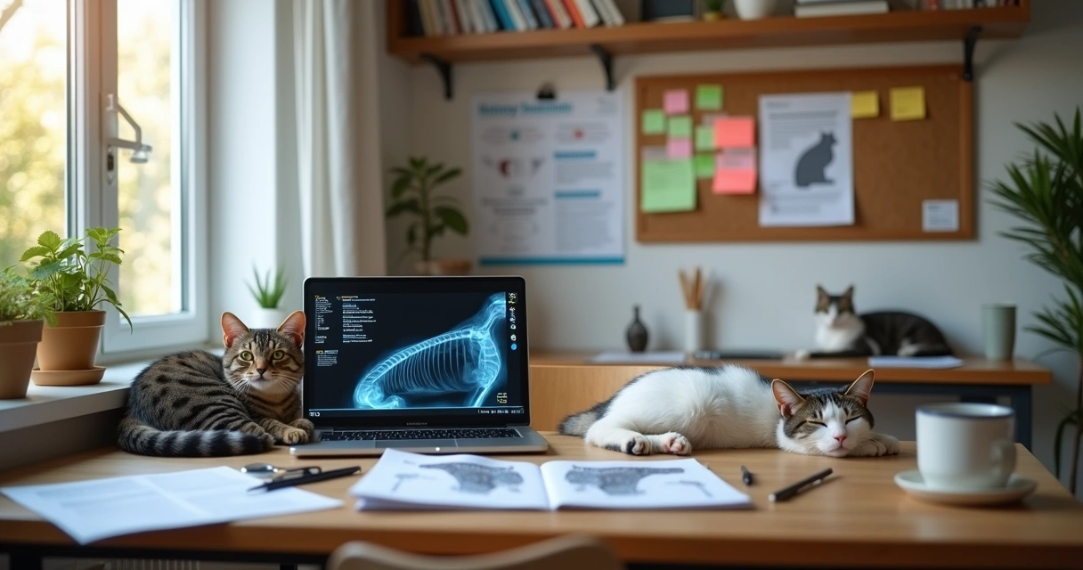 Veterinário estudando clínica médica de gatos em mesa com notebooks e livro aberto