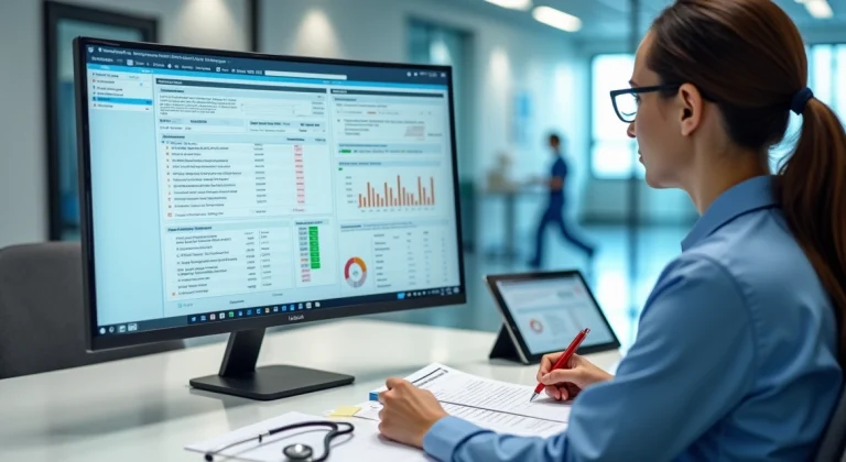 Profissional analisando prontuário digital em ambiente hospitalar moderno