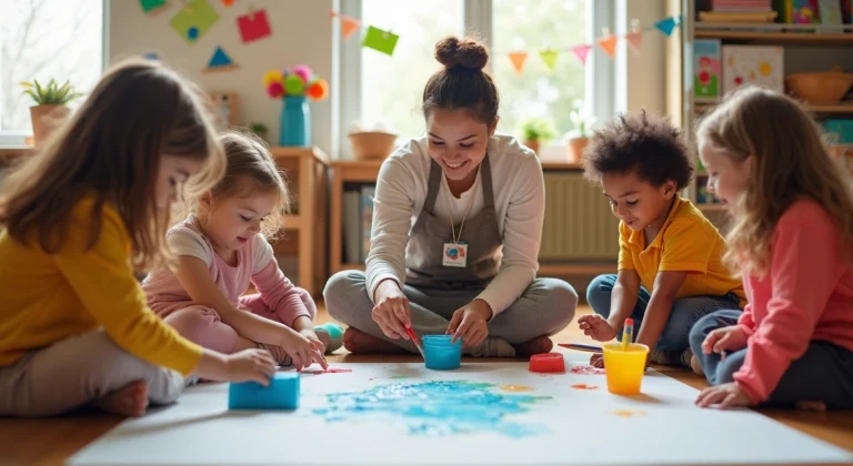 Educadora de educação infantil guia crianças pequenas em atividade de arte no chão da sala de aula