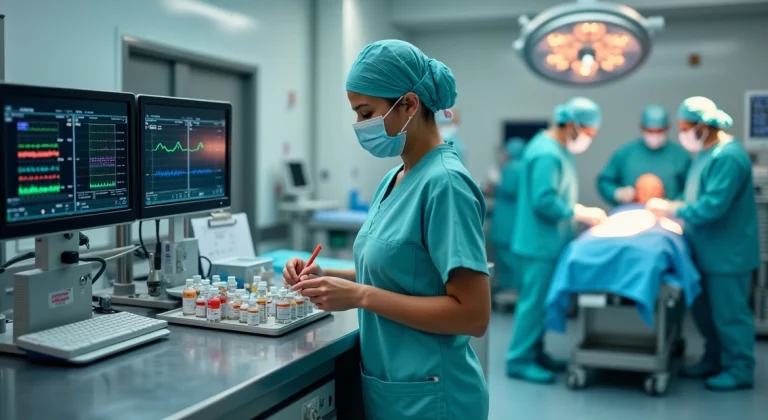 Enfermeira especializada em anestesiologia preparando medicações em centro cirúrgico