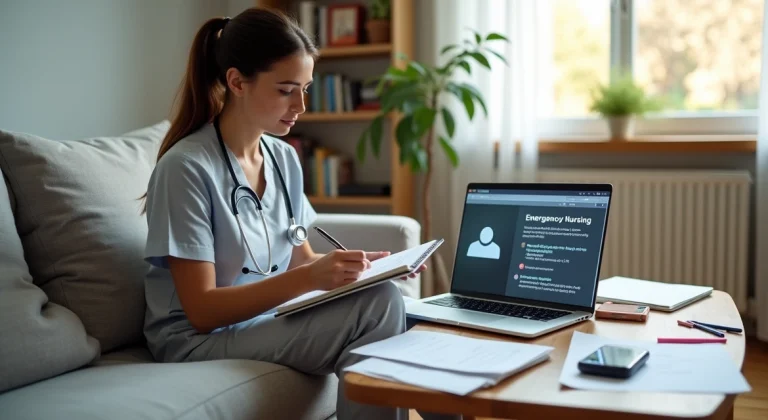 Enfermeira estudando curso de enfermagem online em notebook sentada no sofá