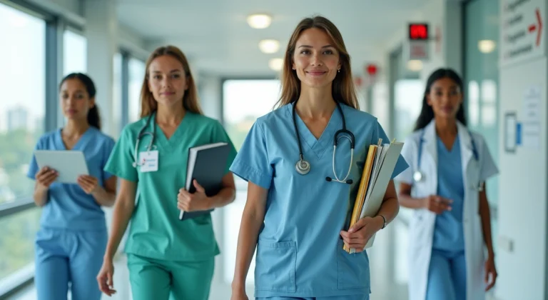 Grupo de enfermeiros com pastas de estudo caminhando em corredor hospitalar moderno