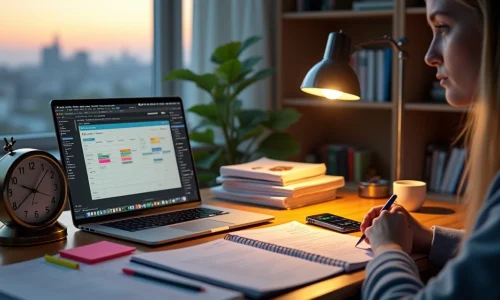 Estudante de pós-graduação organizando cronograma de estudos em mesa com notebook e relógio ao lado