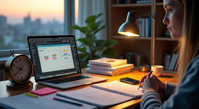 Estudante de pós-graduação organizando cronograma de estudos em mesa com notebook e relógio ao lado