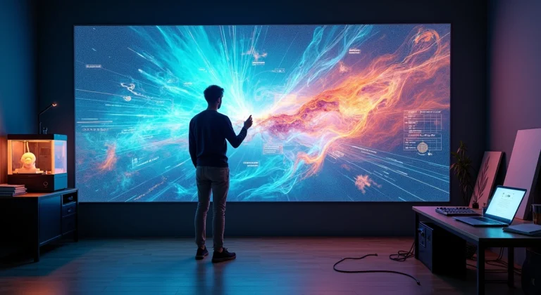 Artista em estúdio criando arte digital em grande painel interativo