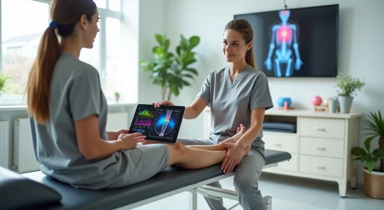 Fisioterapeuta avalia joelho de paciente em clínica de reabilitação moderna