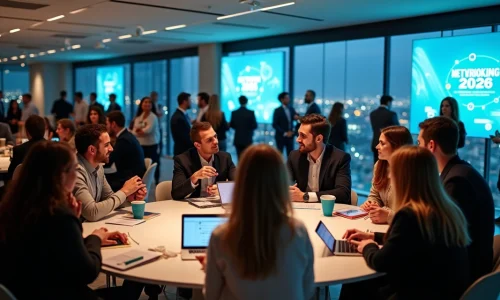 Profissionais de pós-graduação conectando-se em espaço moderno de networking