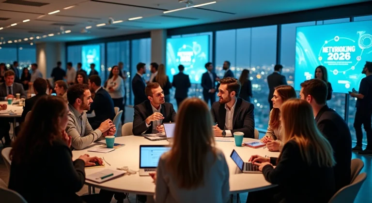 Profissionais de pós-graduação conectando-se em espaço moderno de networking