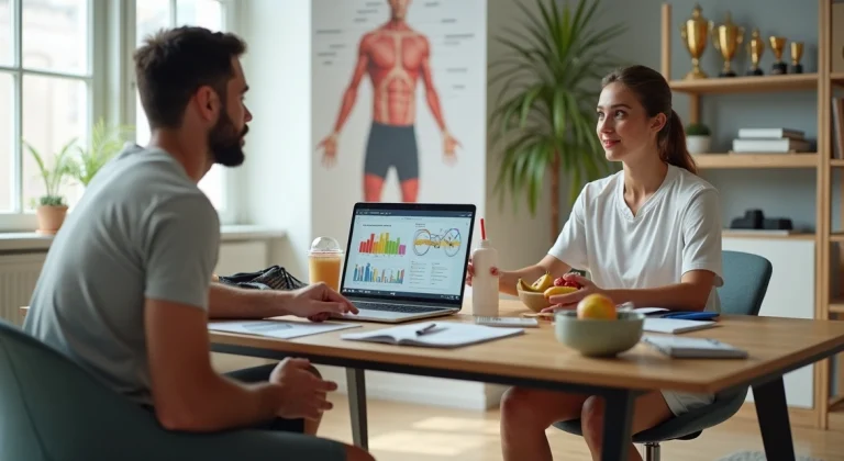 Nutricionista esportiva analisando plano alimentar com atleta em consultório moderno