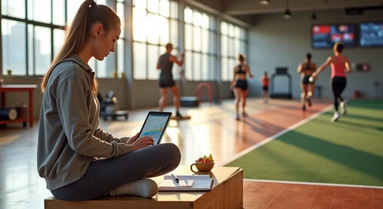 Nutricionista estudando em tablet observando treino funcional em academia moderna