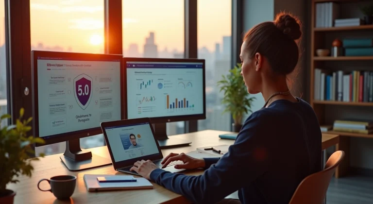 Profissional estudando pós-graduação EaD em ambiente moderno com plataforma online na tela