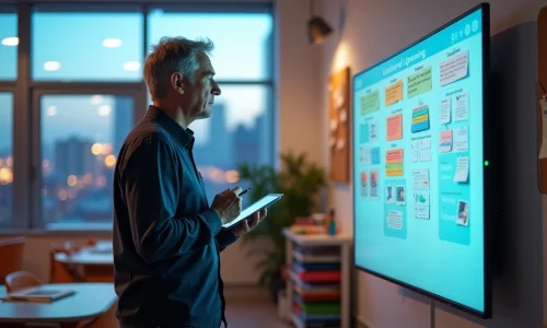 Professor adulto analisa mural digital com recursos pedagógicos em sala iluminada