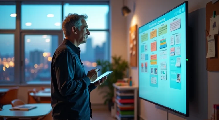 Professor adulto analisa mural digital com recursos pedagógicos em sala iluminada