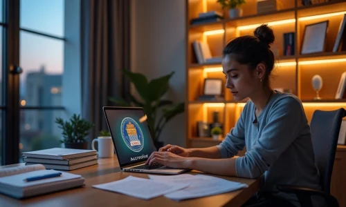 Profissional adulto estuda em casa diante de notebook com selo oficial na tela
