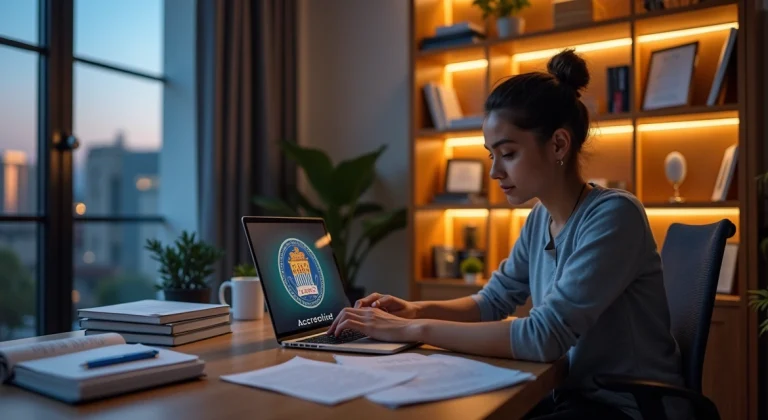 Profissional adulto estuda em casa diante de notebook com selo oficial na tela
