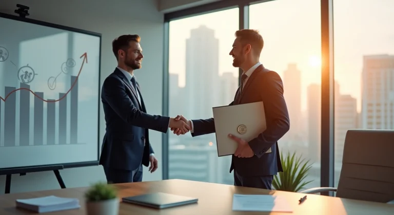 Profissional recebendo promoção segurando certificados de gestão ao lado de quadro com gráfico em alta