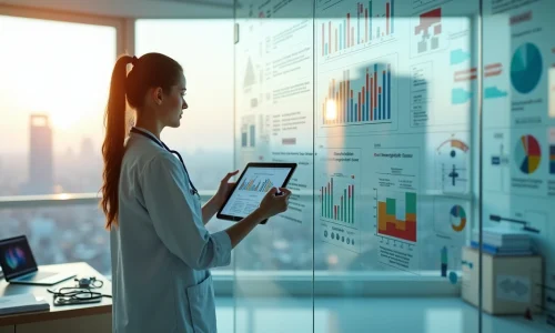 Profissional de saúde analisando painel de planejamento e gestão em ambiente calmo