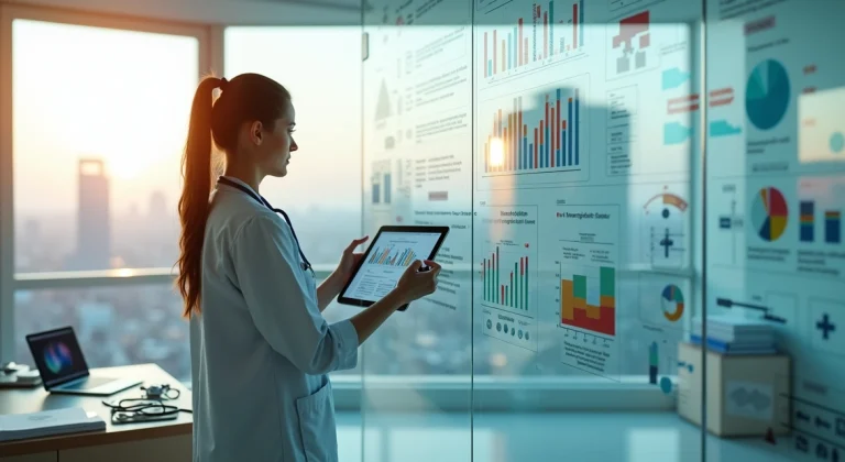 Profissional de saúde analisando painel de planejamento e gestão em ambiente calmo