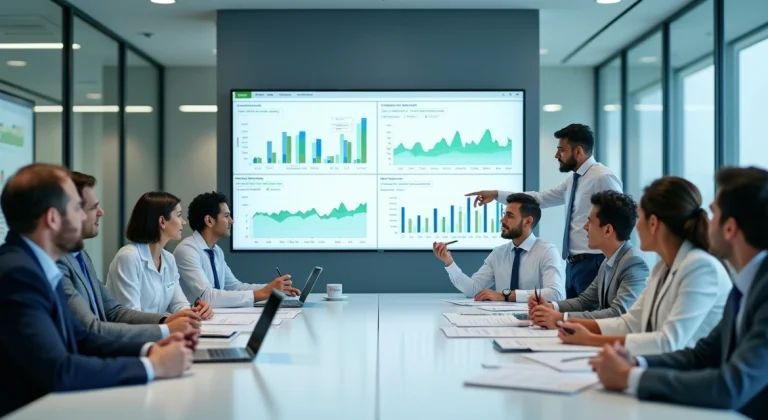 Equipe multidisciplinar avaliando painel de indicadores de gestão hospitalar