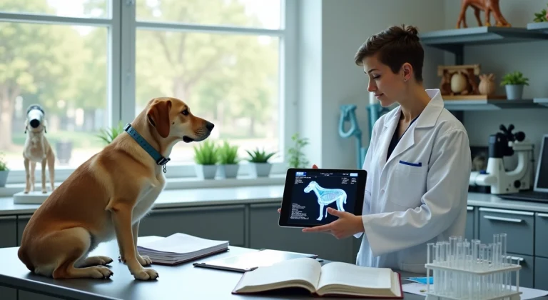 Veterinária em pós-graduação analisando exame de animal em laboratório moderno