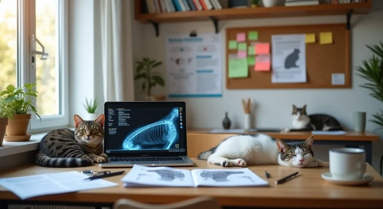 Veterinário estudando clínica médica de gatos em mesa com notebooks e livro aberto